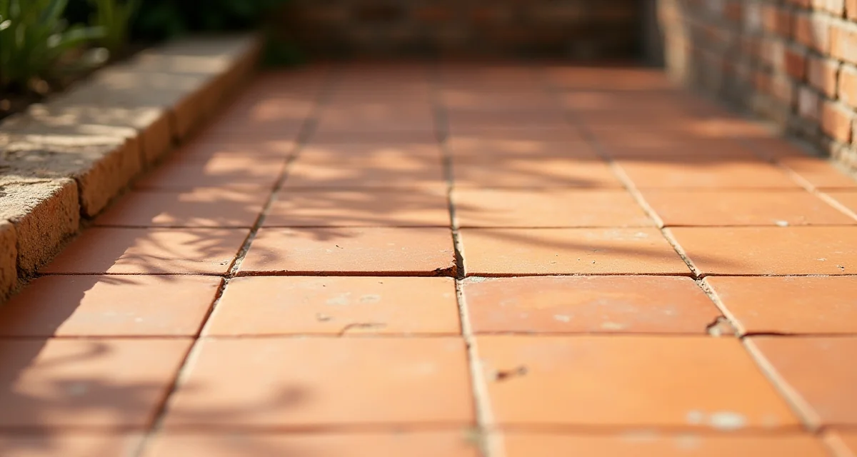 Terrazza con piastrelle di cotto e un angolo scheggiato sotto il sole