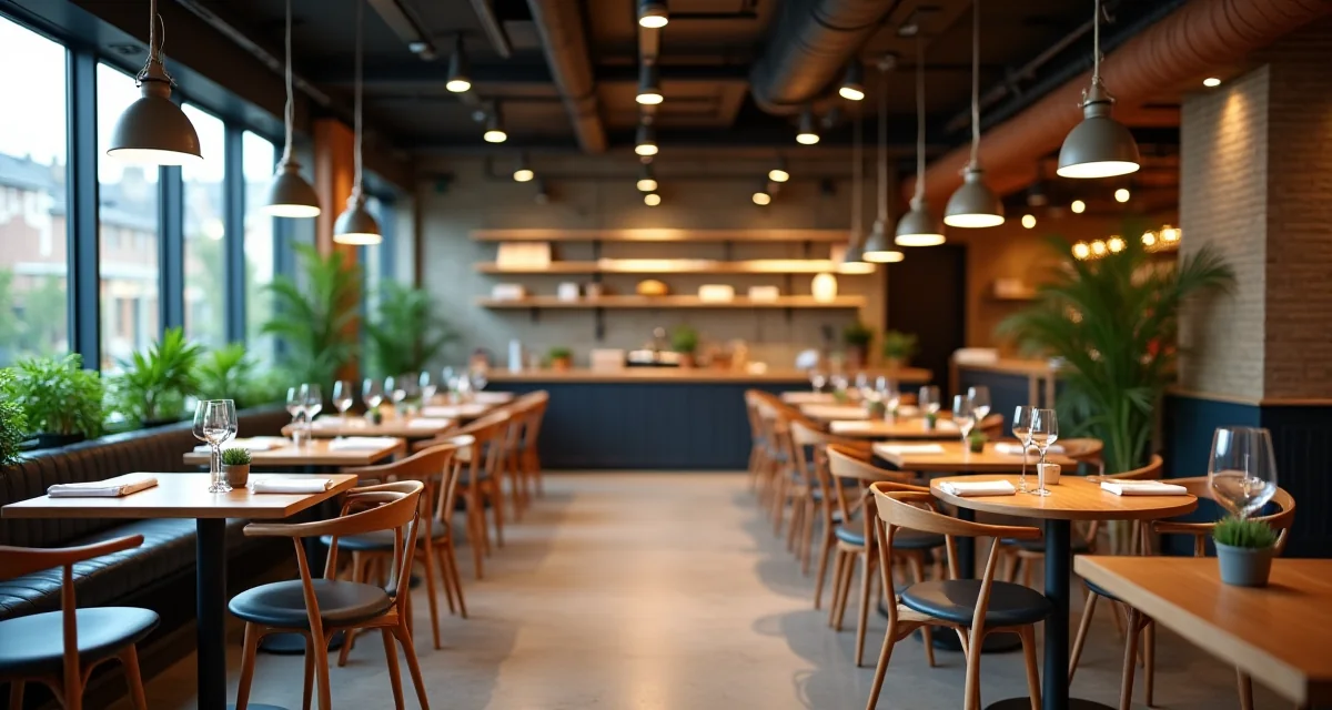 Sala da pranzo moderna con tavoli in legno, lampade a sospensione e piante decorative