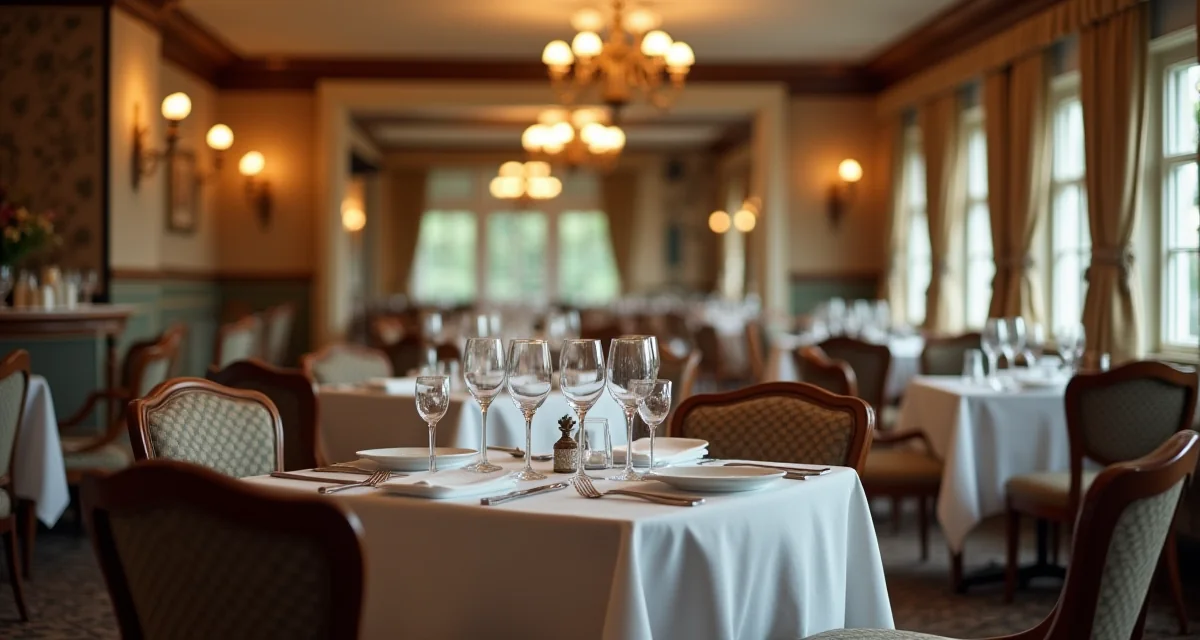 Interno classico di ristorante con tovaglie bianche, sedie imbottite e lampadari che diffondono una luce calda