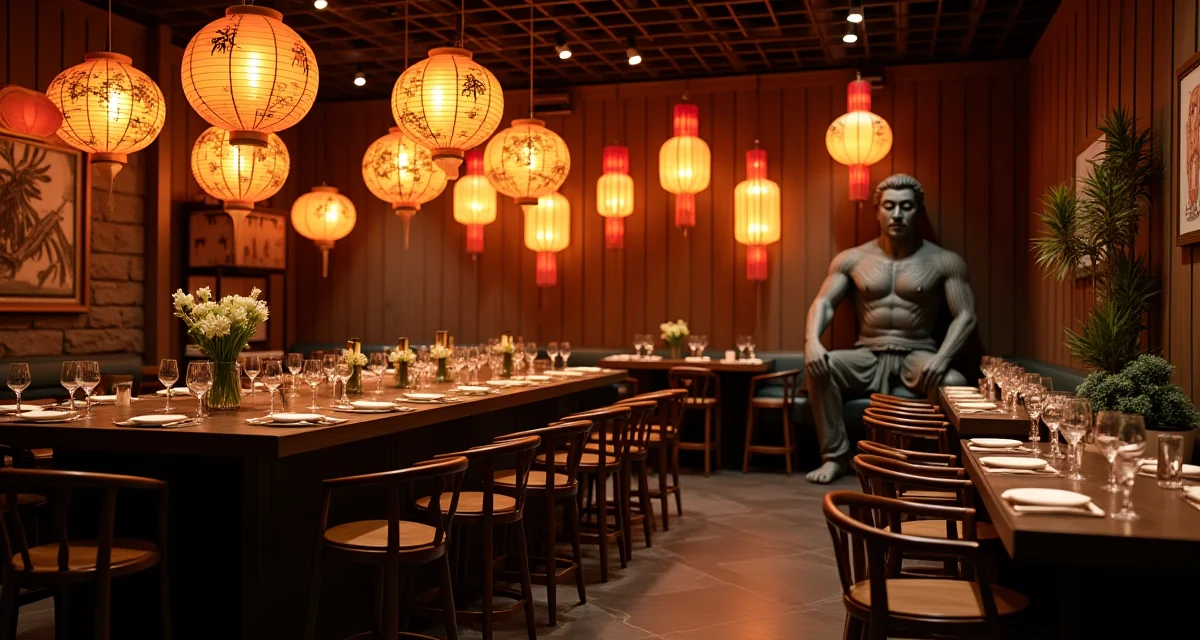 Interno di ristorante fusion asiatico con lanterne calde e statua decorativa