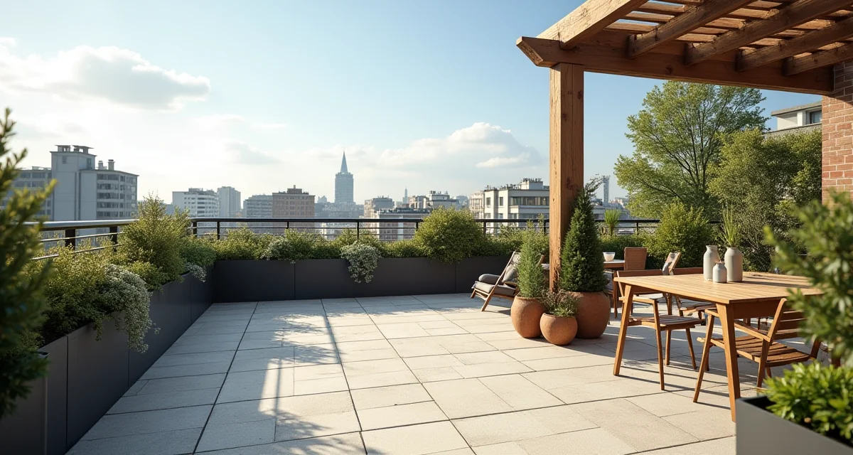 Terrazza aperta con mobili da esterno, piante in vaso e pergola sotto il sole