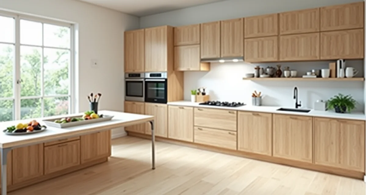 Cucina moderna con armadietti in legno, piano bianco e tavolo da pranzo illuminato dalla luce naturale