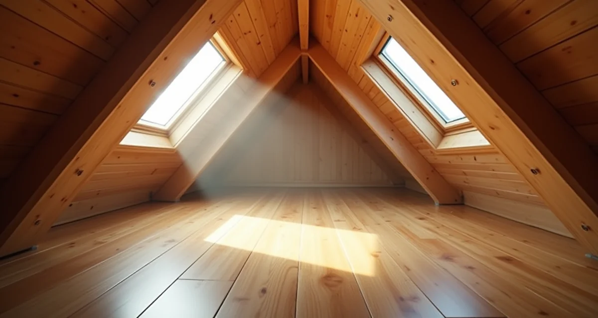Luce naturale che entra dalle finestre del tetto su un pavimento in legno di una mansarda