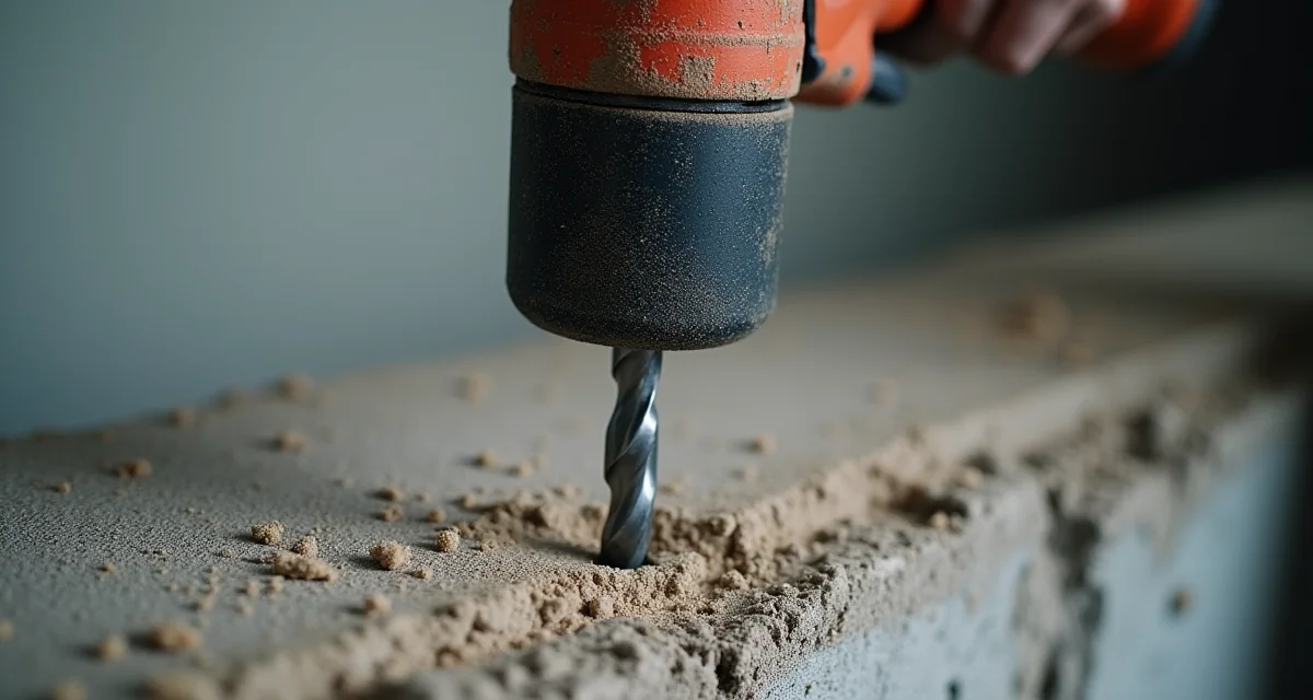 Bit trapano a percussione che penetra nel muro di cemento duro con polvere
