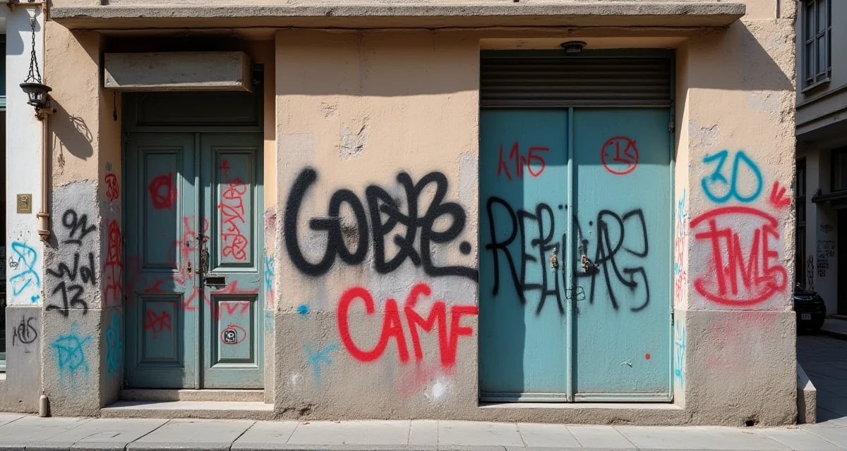 Facciata intonacata coperta di graffiti con tag in vernice spray su strada urbana di giorno