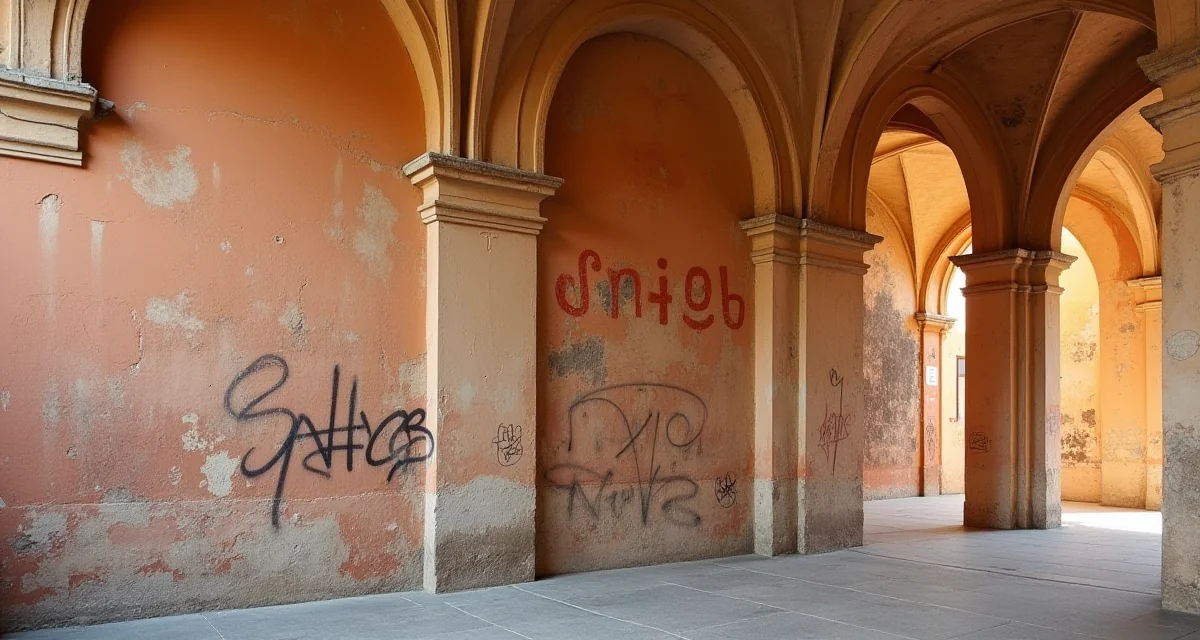 Muro di un portico storico a Bologna con graffiti e tonalità calde sotto la luce del giorno
