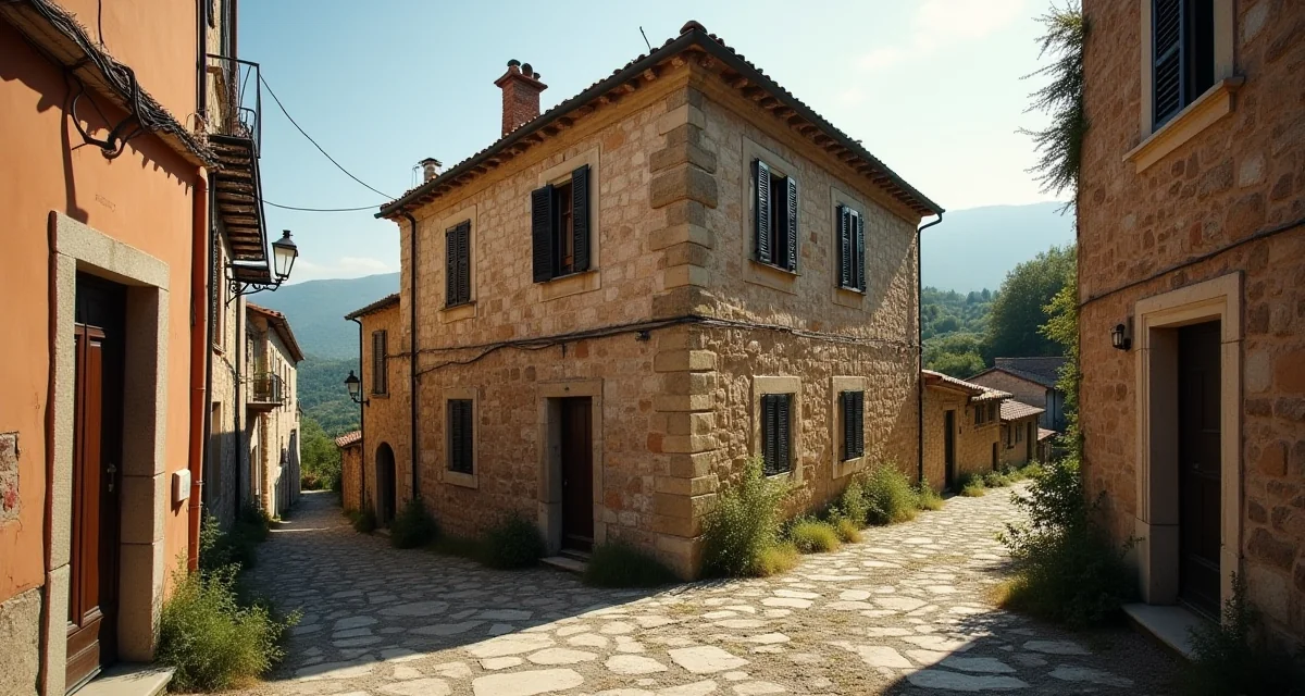 Facciata di pietra di un'abitazione abbandonata in un borgo collinare italiano illuminata da luce calda