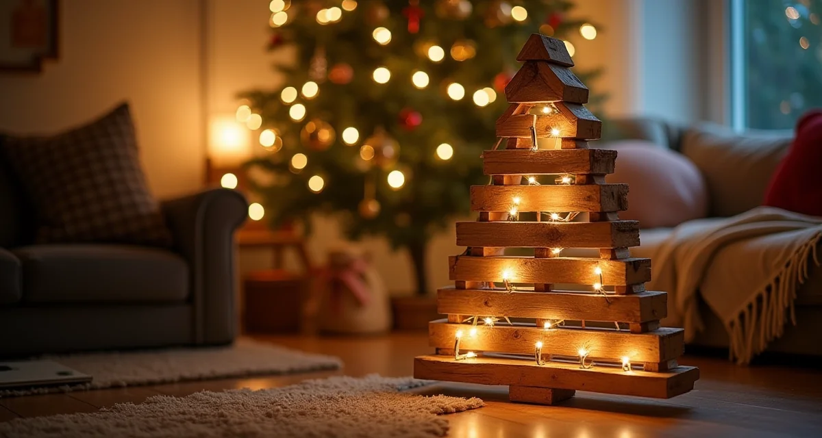 Albero di Natale in legno fatto con doghe di pallet illuminate e decorate