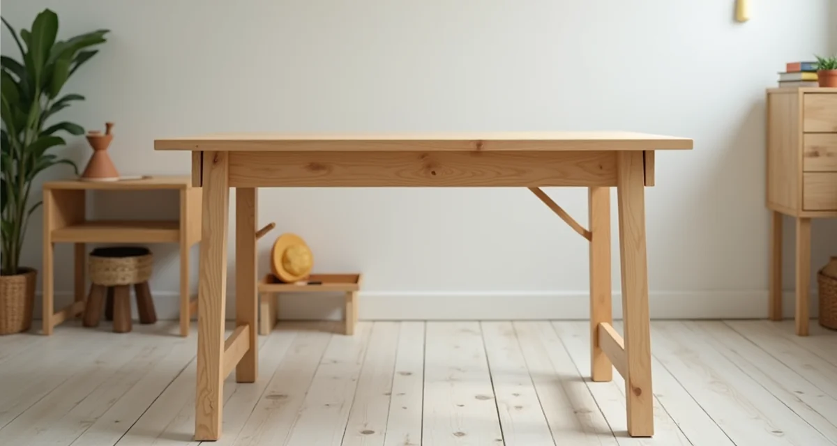 Scrivania in legno con piano in compensato e gambe di pino in una stanza luminosa