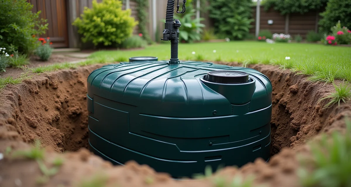 Cisterna interrata in plastica per raccolta acqua piovana inserita in una buca scavata nel giardino con tubi pronti