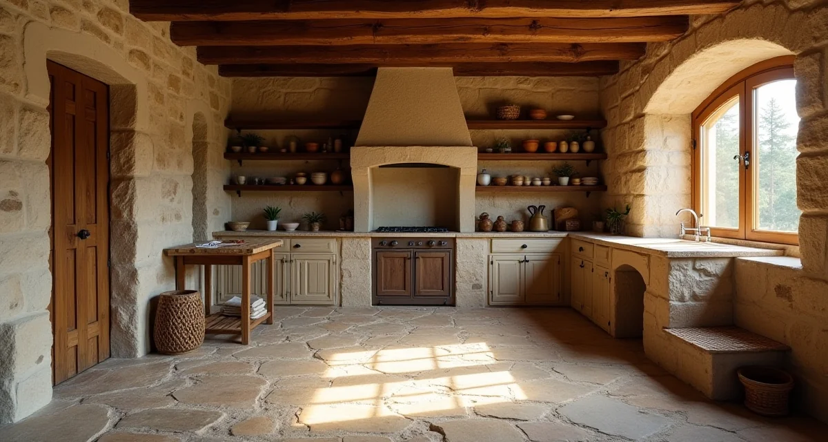 Cucina in muratura rustica con basamento in pietra e ante in legno illuminata da luce calda
