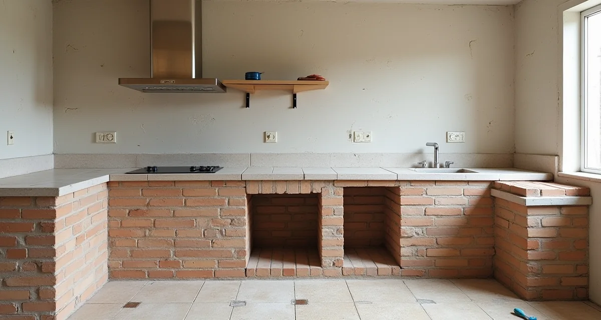 Cucina in muratura in fase di costruzione con base in mattoni e piano rivestito, attrezzi a disposizione