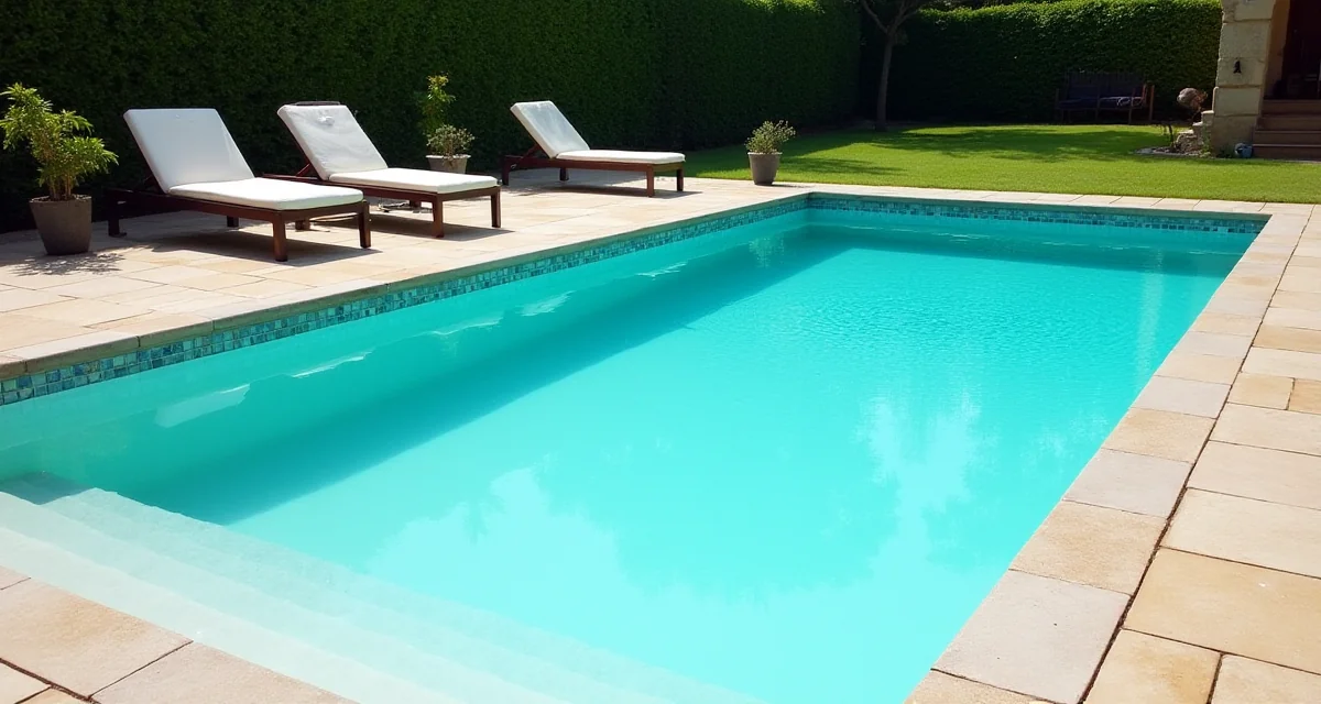 Piscina da giardino finita con acqua turchese e ponte in pietra sotto il sole