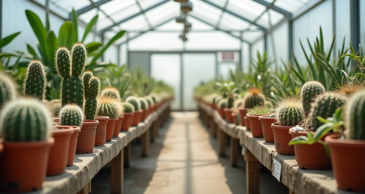Piccola serra con file di cactus e piante grasse in vasi sotto luce brillante