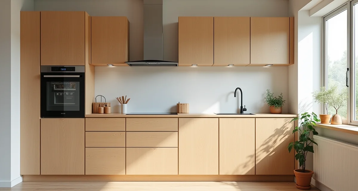 Cucina fai da te con armadi in compensato e piano di lavoro in legno