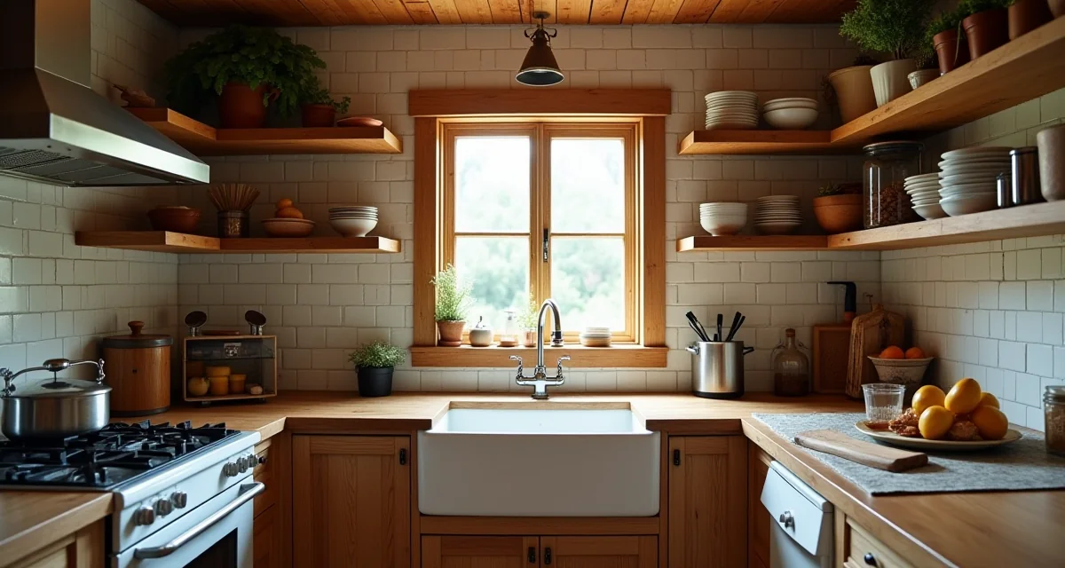 Cucina rustica con mensole in legno di recupero e lavello da fattoria illuminata da luce calda