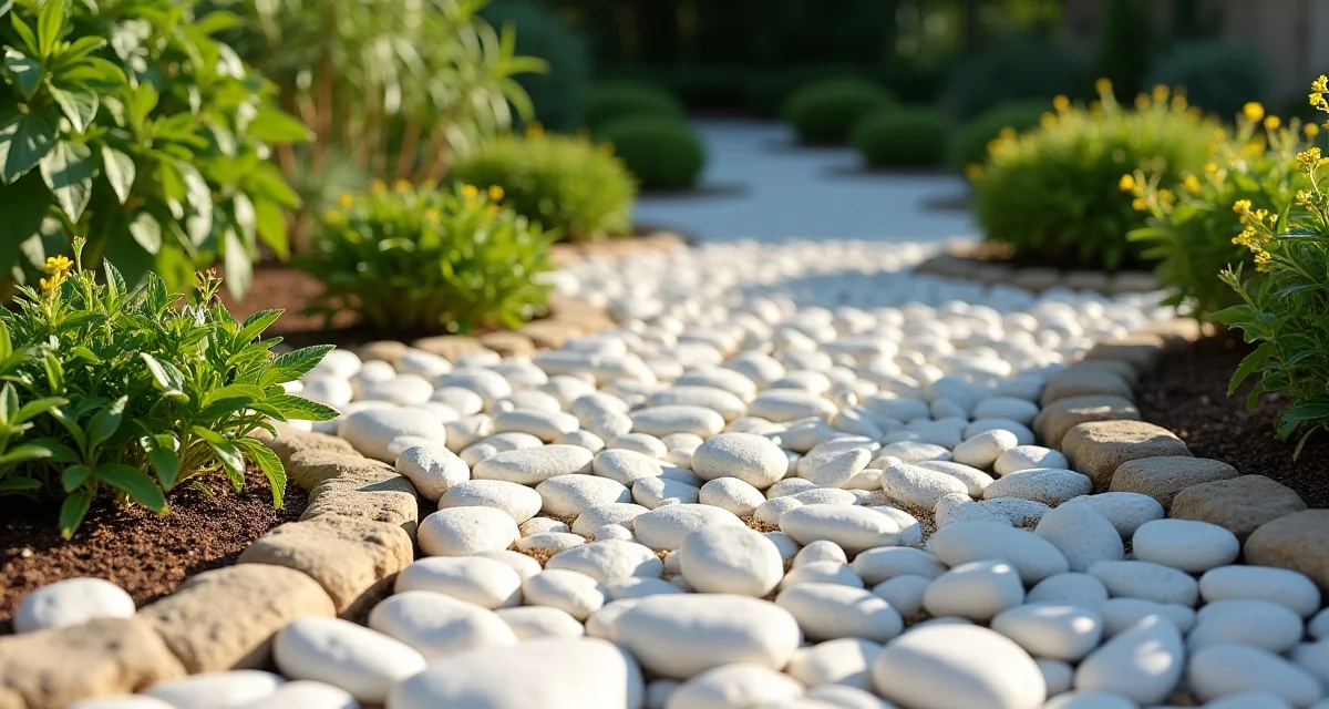 Letame bianco e ciottoli di fiume decorano una aiuola del giardino in una giornata soleggiata