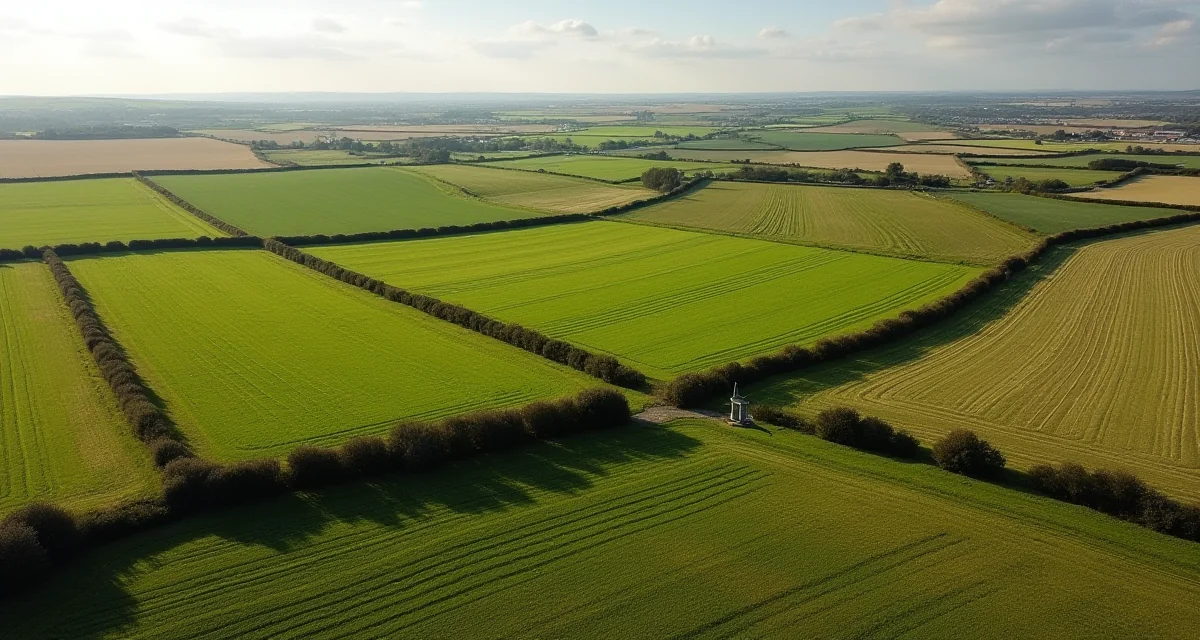 Vista aerea di campi agricoli delimitati da siepi e cippi in pietra sotto il sole
