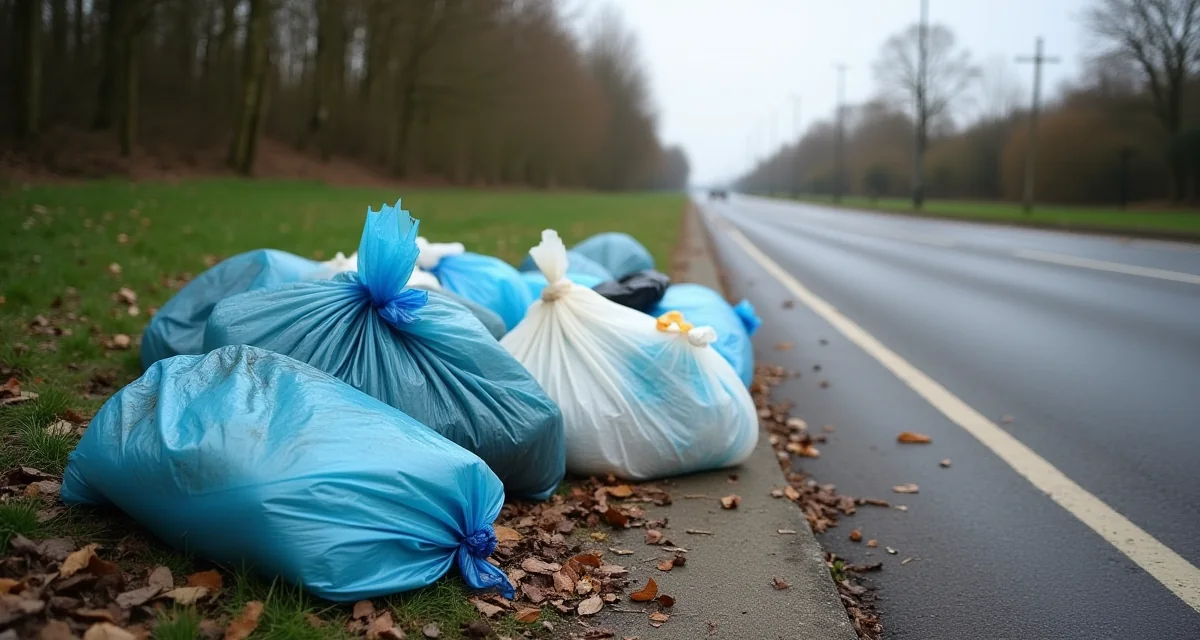 Sacchi di plastica e rifiuti abbandonati su una banchina stradale in condizioni di luce diffusa