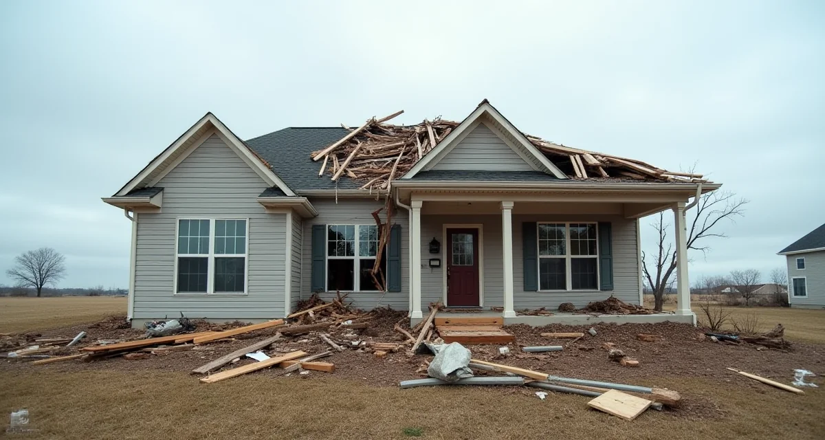 Casa con tetto strappato e detriti sparsi dopo un tornado sotto cielo nuvoloso