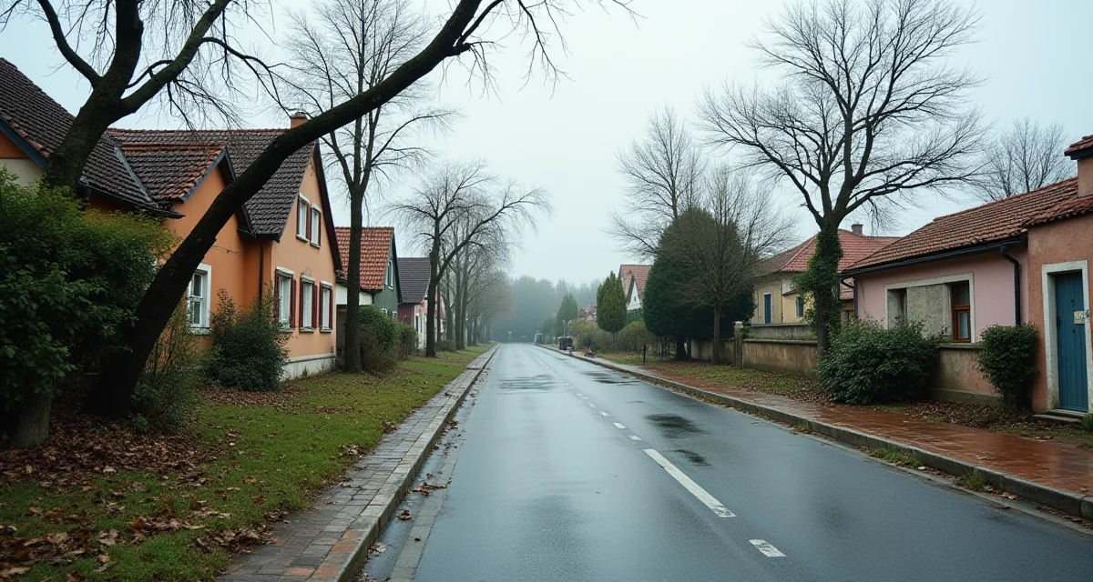 Alberi caduti e tetti danneggiati lungo una strada veneta dopo un tornado con luce coperta