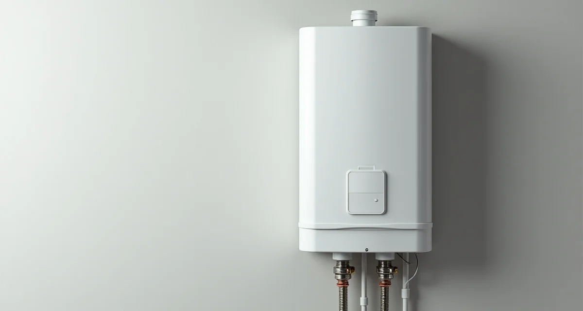 Caldaia elettrica verticale bianca montata a parete con connessioni tubazioni in ambiente neutro