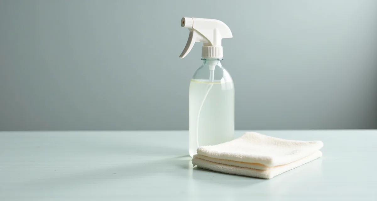 Borraccia di disinfettante e panno in microfibra su tavolo pulito per igienizzare la casa da virus e batteri