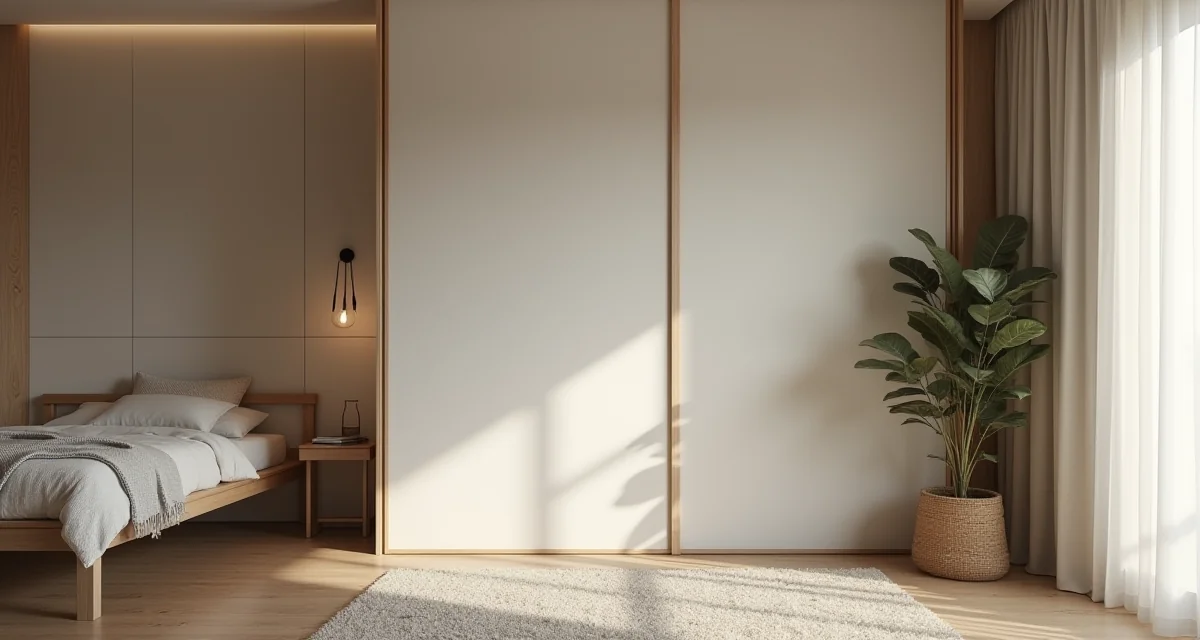 Camera da letto divisa da un muro parziale e pannello scorrevole verso uno studio con luce soffusa