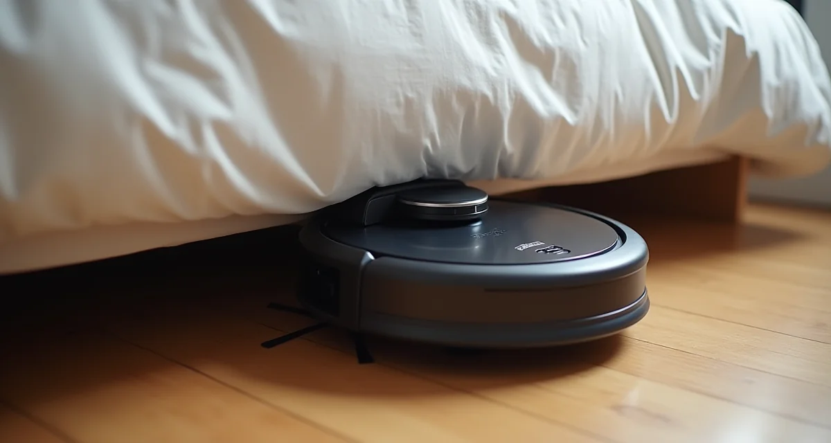 Aspirapolvere robot circolare con sensore laser che pulisce sotto un letto su pavimento in legno