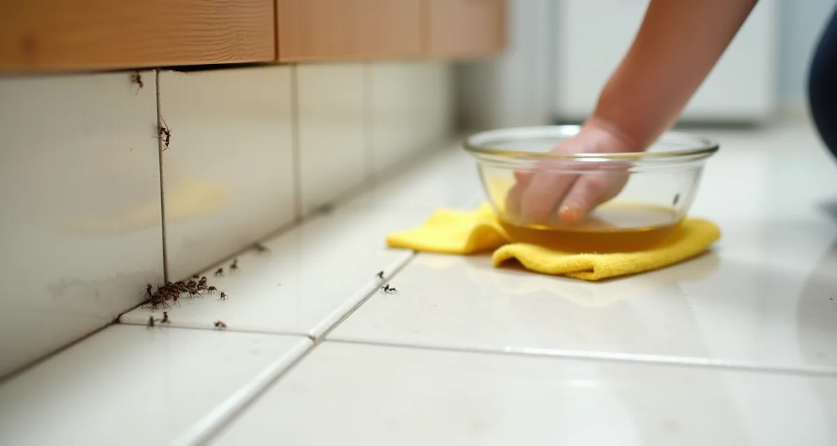 Pavimento cucina con formiche sul bordo delle piastrelle mentre si pulisce con panno e acqua di aceto