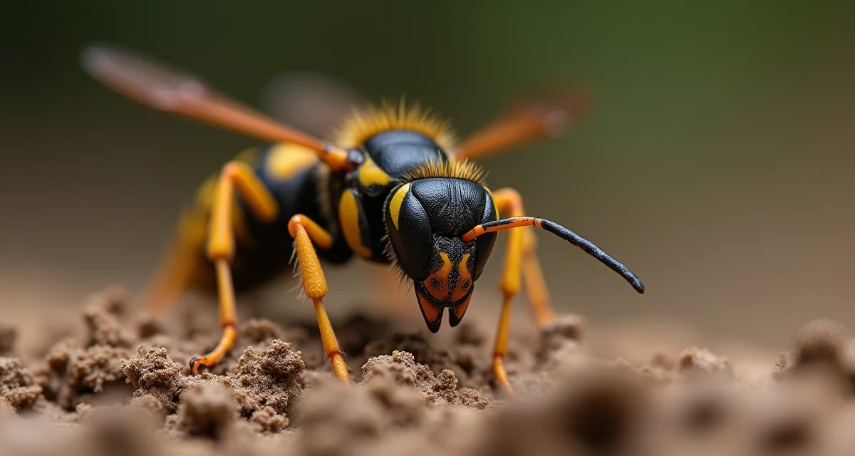 Macro di una vespa vasaia nera e gialla posata sul suo nido di fango con sfondo sfocato