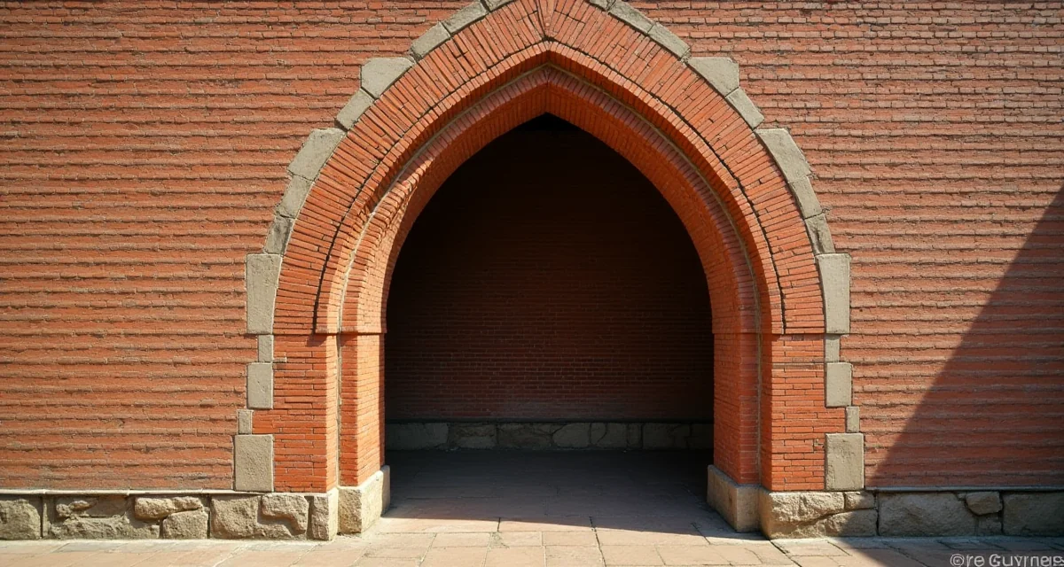 Arco gotico a sesto acuto realizzato con mattoni rossi disposti radialmente in un muro antico illuminato da luce calda