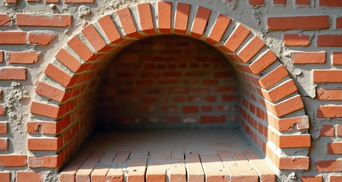 Arco in mattoni in costruzione su centinatura curva con giunti di malta freschi