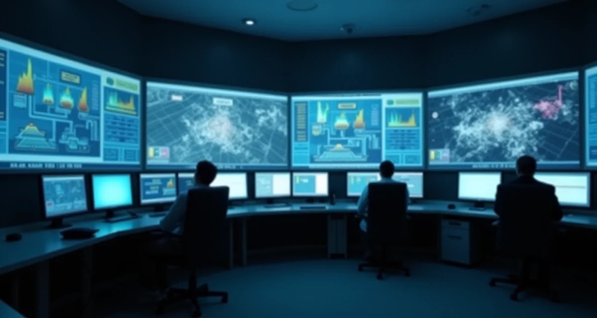 Sala di controllo con monitor che mostrano diagrammi dell'impianto e sedie vuote