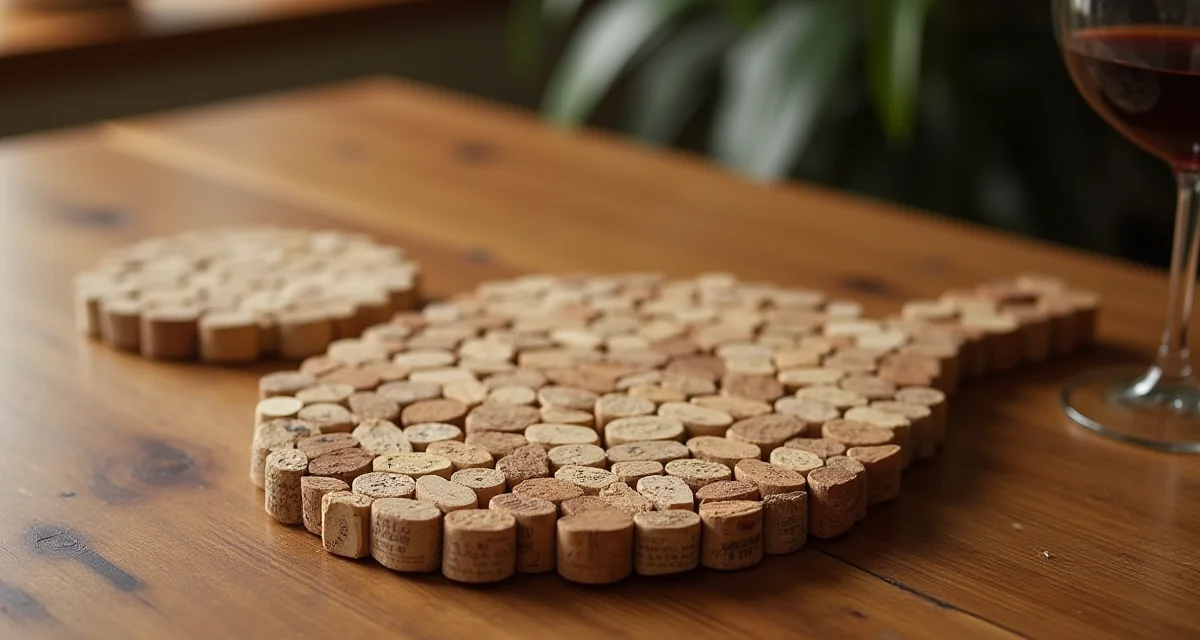 Tappi di sughero incollati per realizzare un pannello decorativo e un sottopentola su tavolo in legno