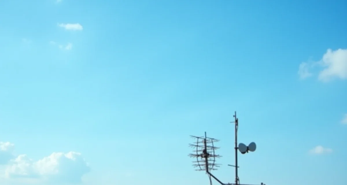Antenna televisiva montata su palo sul tetto con cielo blu e nuvole