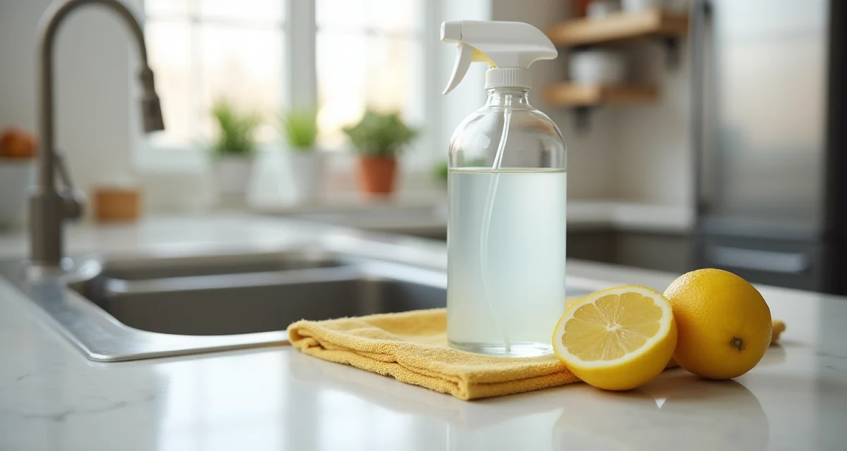 Lavello in acciaio inox con detergente specifico, panno in microfibra e limone per la lucidatura