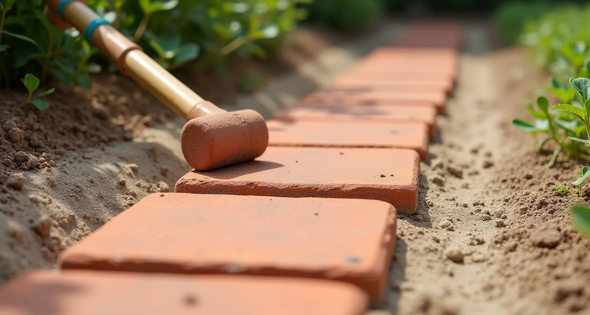 Posa di betonelle color coccio su letto sabbioso per via giardino con mazzetta e livella