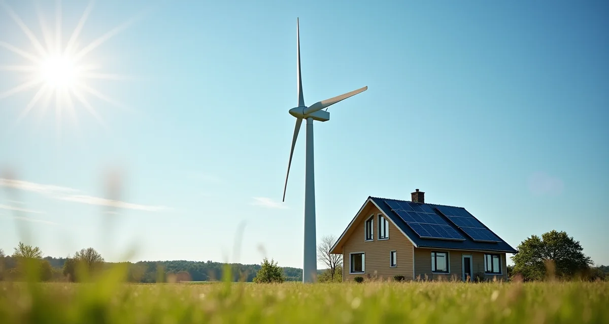 Turbina eolica domestica e pannelli solari installati su una casa di campagna in una giornata di sole