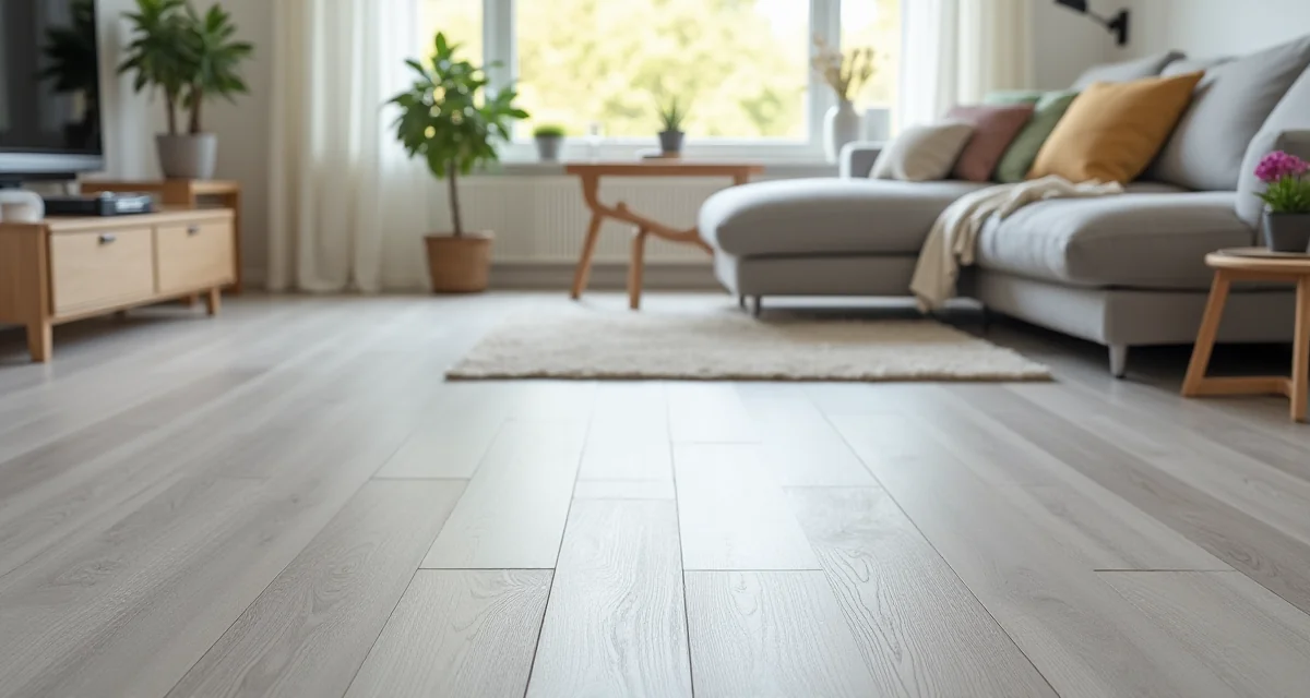 Pavimento in laminato grigio in un soggiorno luminoso con illuminazione naturale