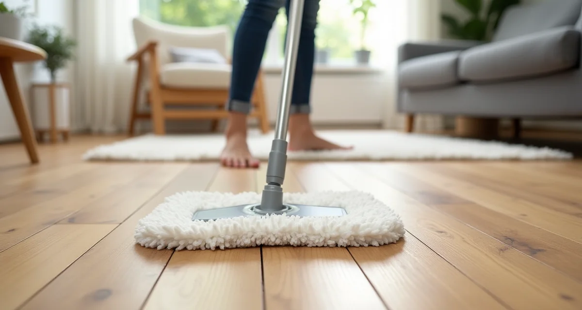 Pavimento in parquet di quercia pulito con una mocio in microfibra in un soggiorno luminoso senza tappeti