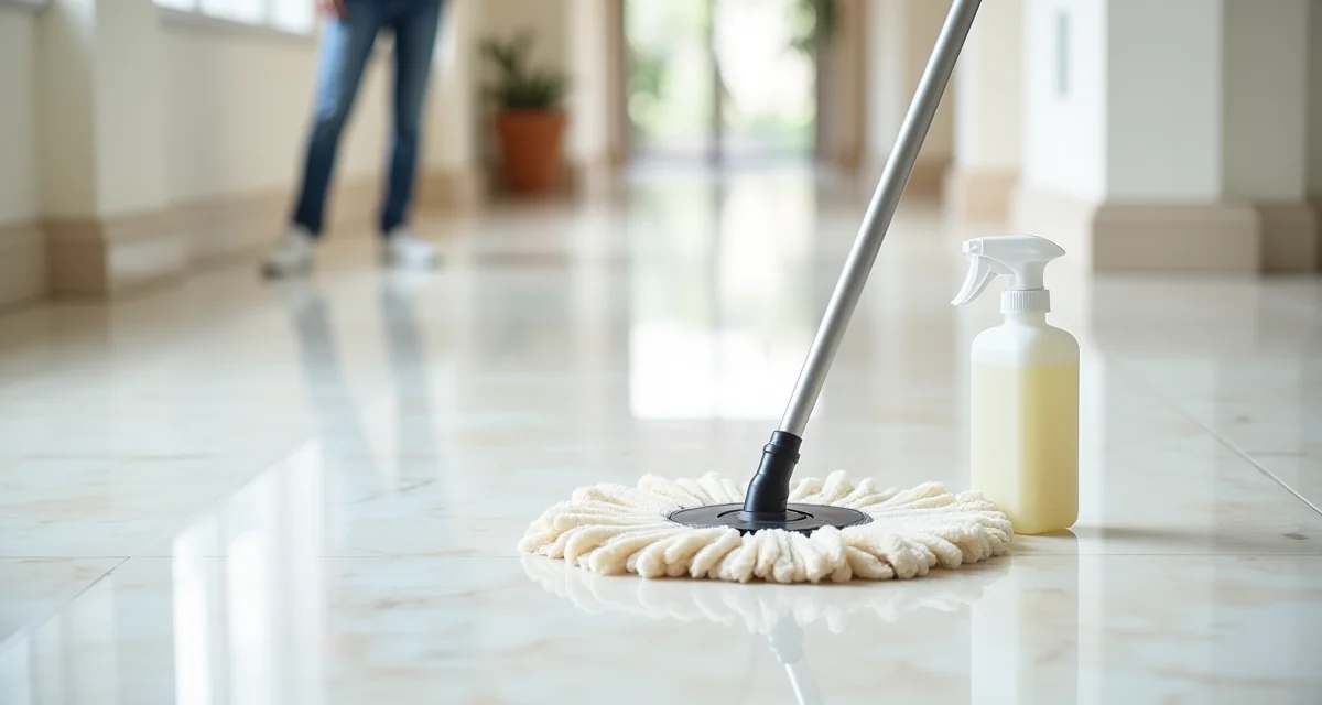 Pavimento in marmo levigato con mop e detergente neutro per la pulizia