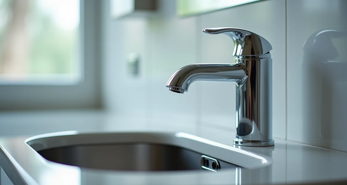 Rubinetto cromato e lavello in acciaio inox puliti e lucidi sotto una luce intensa