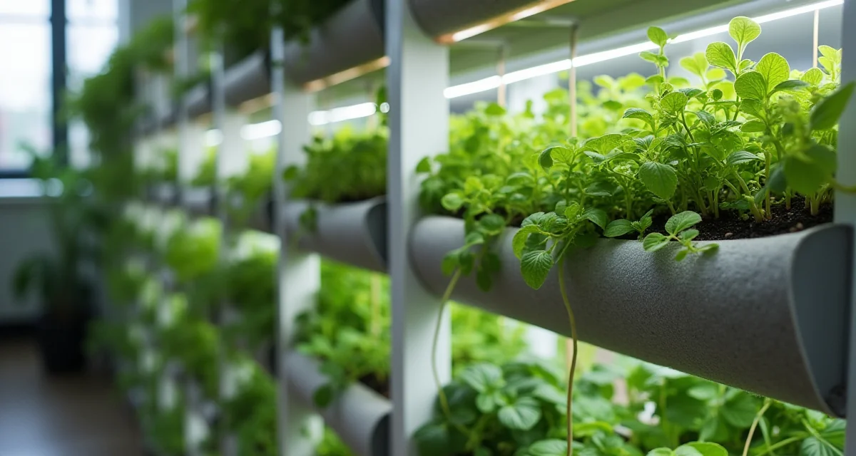 Sistema idroponico modulare per giardino verticale con piante in tasche di feltro e tubi di irrigazione