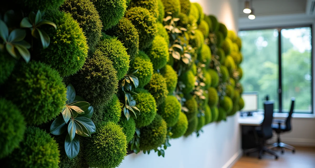Muro interno rivestito di muschio stabilizzato e vegetazione verde per un giardino verticale artificiale in ufficio