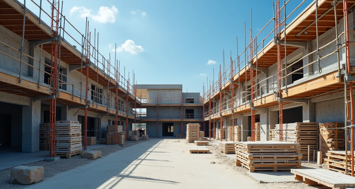 Cantiere ordinato con impalcatura pulita, reti di sicurezza e materiali impilati sotto il sole