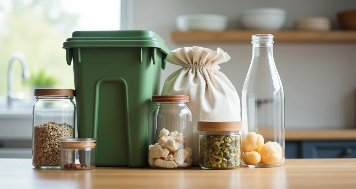 Contatore da cucina con rifiuti domestici separati in contenitori per compost, vetro e borse riutilizzabili