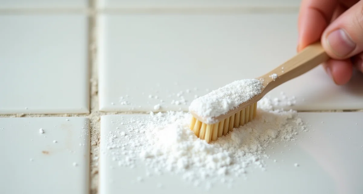 Pasta di bicarbonato applicata sulle fughe delle piastrelle per la rimozione della muffa con uno spazzolino da denti