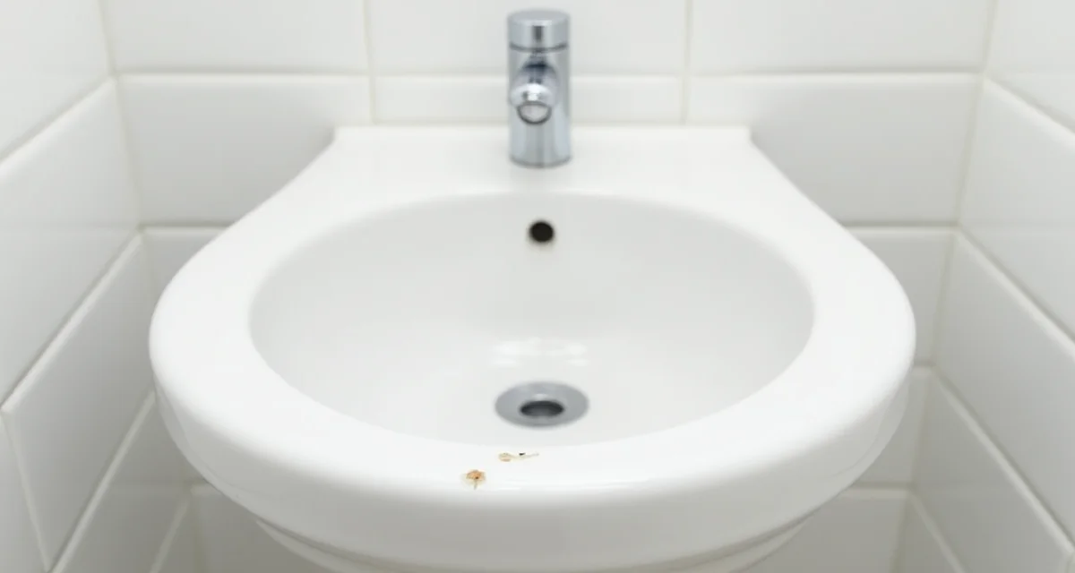 Bidet bianco in ceramica con bordatura scheggiata e rubinetto cromato su parete piastrellata