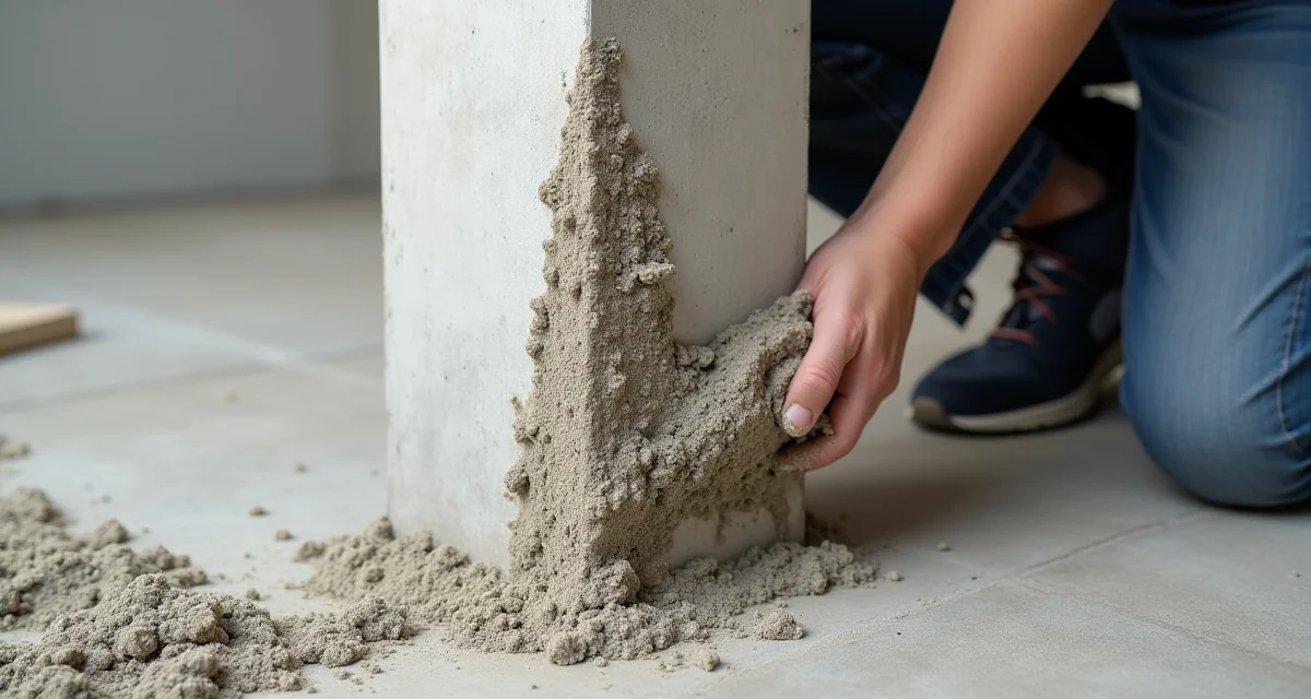 Colonna in calcestruzzo armato con tondini di acciaio esposti e risanata con malta fresca